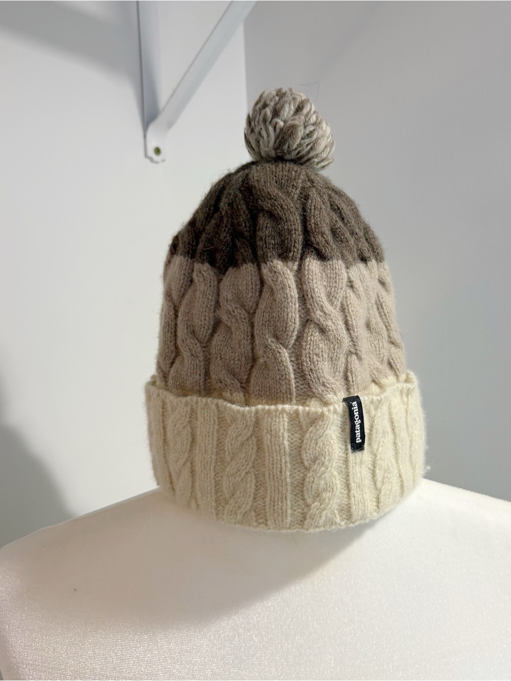 Tricolor Patagonia Wool Blend Pom Beanie Cable-Knit Fleece Lined One Size